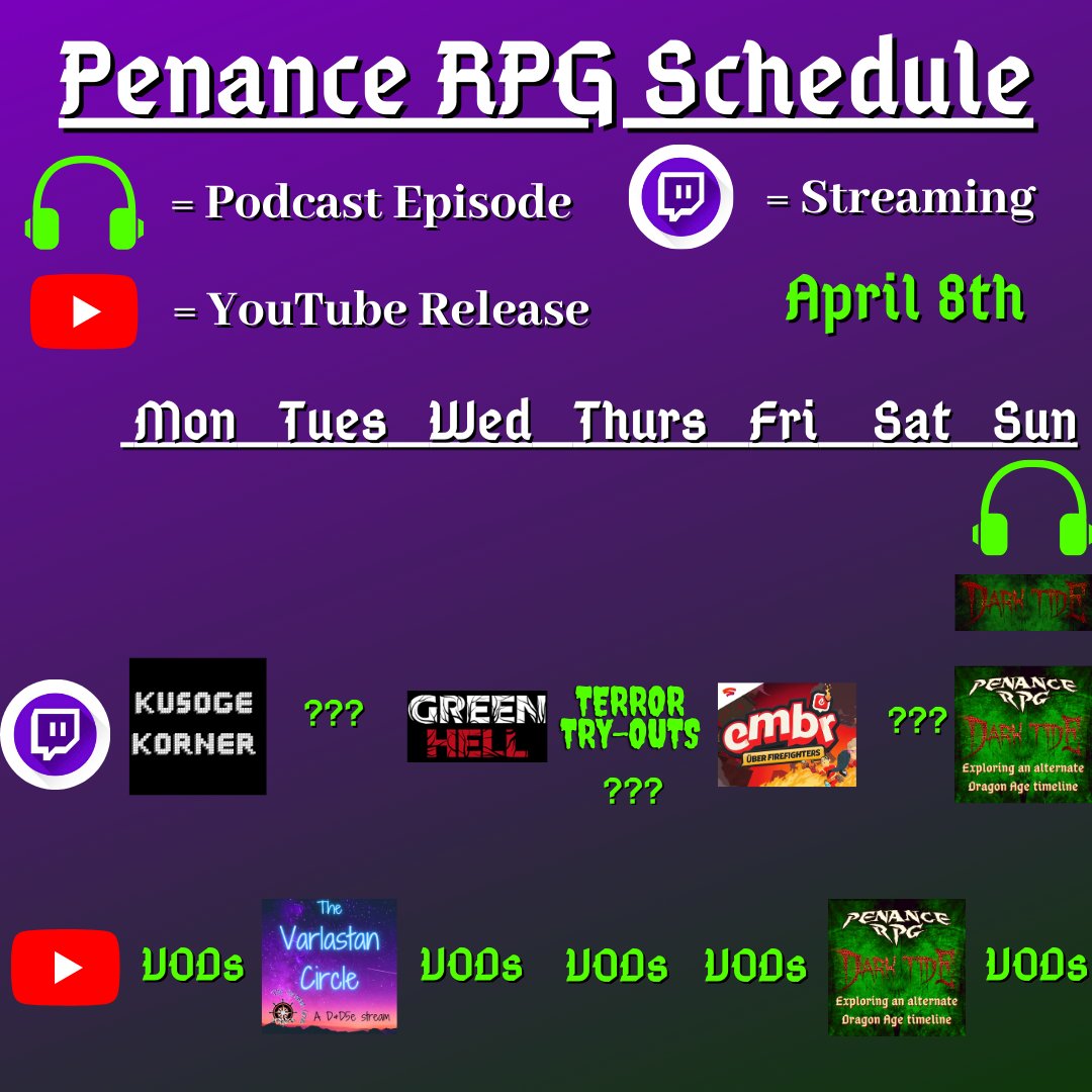 PenanceRPG's tweet photo. Where to find us this week:
https://t.co/ivwyB5qlyw

We have #TTRPG streams on #Twitch! They go up on #YouTube before the next stream #Horror &amp; co-op games daily
#indie #gaming #podcast #GamingPodcast #TTRPGs #TwitchAffiliate #TwitchStreamer #HorrorGames #RPG #DnD #HomeBrewRPG https://t.co/yLFpUvreiw