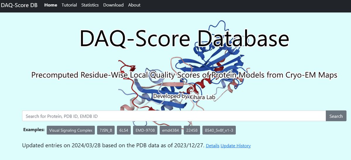 Monthly update of DAQ-Score Database! Now includes quality assessment scores for 197,676 protein chains in PDB from 12,542 cryo-map entries in EMDB. daqdb.kiharalab.org If you want to compute DAQ for a protein model by yourself, use em.kiharalab.org