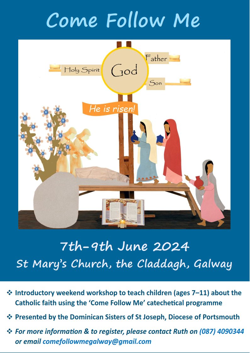 More exciting news for our Irish followers! We will be travelling to Galway in June to lead a training weekend in 'Come Follow Me.' The weekend is being hosted at the Dominican Church in Claddagh. See the flyer for more information or to book a place. #catechesis #Dominican