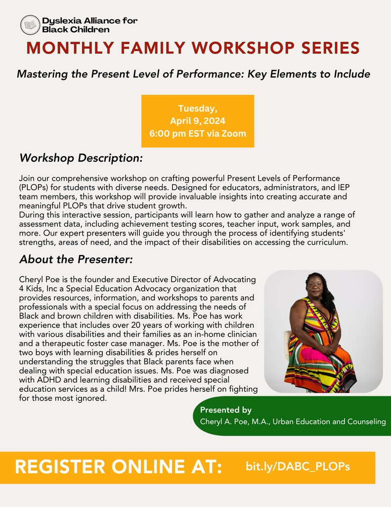Understanding Present Levels of Performance (PLOPs) is crucial for student success. Join us for an interactive workshop tailored for parents seeking to understand their child's IEP, educators, administrator, and IEP team members! Register here: bit.ly/DABC_PLOPs