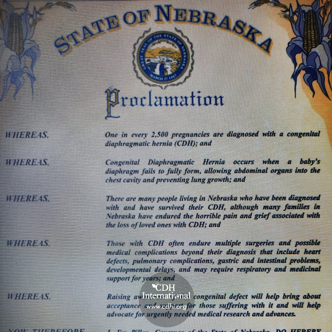 Nebraska Proclamation

cdhi.org/nebraska-procl…

#CDH #CDHAwareness #NotJustAHole #CongenitalDiaphragmaticHernia #CDHAwarenessMonth #April19 #CDHCharity #PediatricSurgery #GlobalSurgery #RareDisease #PatientAdvocacy #Donate