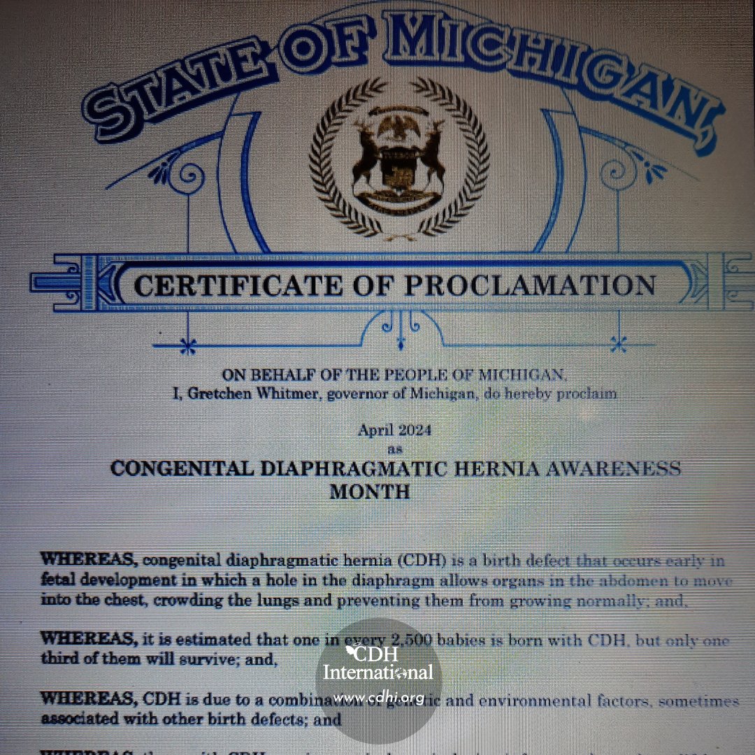 Michigan Proclamation

cdhi.org/michigan-procl…

#CDH #CDHAwareness #NotJustAHole #CongenitalDiaphragmaticHernia #CDHAwarenessMonth #April19 #CDHCharity #PediatricSurgery #GlobalSurgery #RareDisease #PatientAdvocacy #Donate