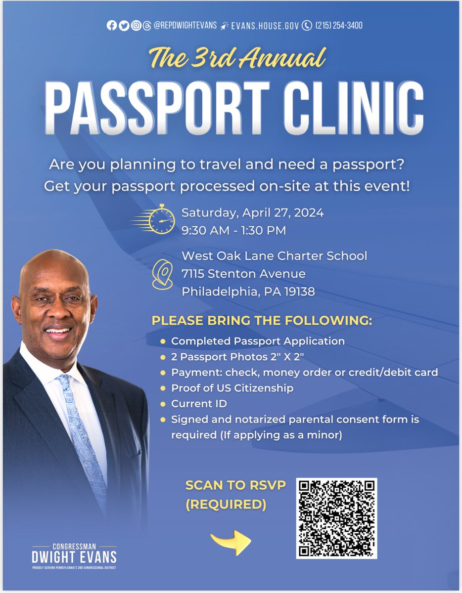 Planning to travel and need a passport? Get your passport processed on-site at @RepDwightEvans 3rd annual passport clinic happening Saturday, April 27th! RSVP is required.