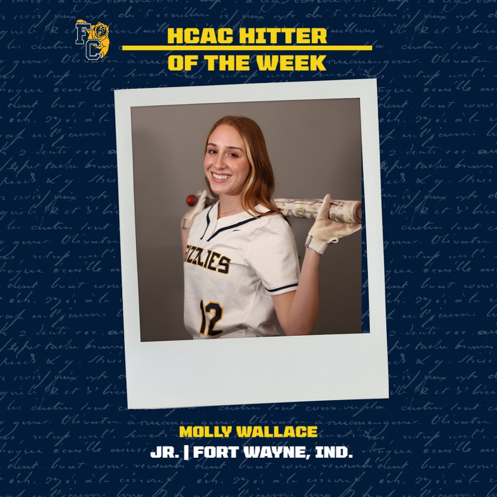 FCGrizAthletics's tweet image. For the first time in her career, @FCGrizSoftball's Molly Wallace is your HCAC Hitter of the Week!

Wallace batted over .700 last week to help the Grizzlies remain perfect in conference play. 

Read more: franklingrizzlies.com/news/2024/4/8/…