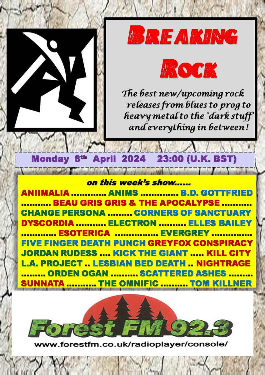 Just announced! @pjbreakingrock #radioshow @ForestFM today 11pm (UK) stream forestfm.co.uk/radioplayer/co… feat. @ANIIMALIA_uk @bdGottfried @changepersona #BeauGrisGris @COSnROLL @DyscordiaBand @electron_band_ @EllesBailey @esoband @EVERGREYSWEDEN #Anims @FFDP #GreyfoxConspiracy  + more