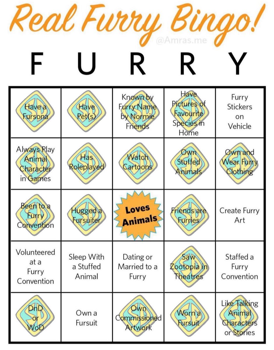 Only three bingos. I gotta step it up! * Working on getting a fursuit. * Stuffed animals would get chewed up by my real animals haha. * No stickers I want on my vehicle (yet). * I have dated furries in the past (not currently). * I'd love to volunteer/staff cons in the future.