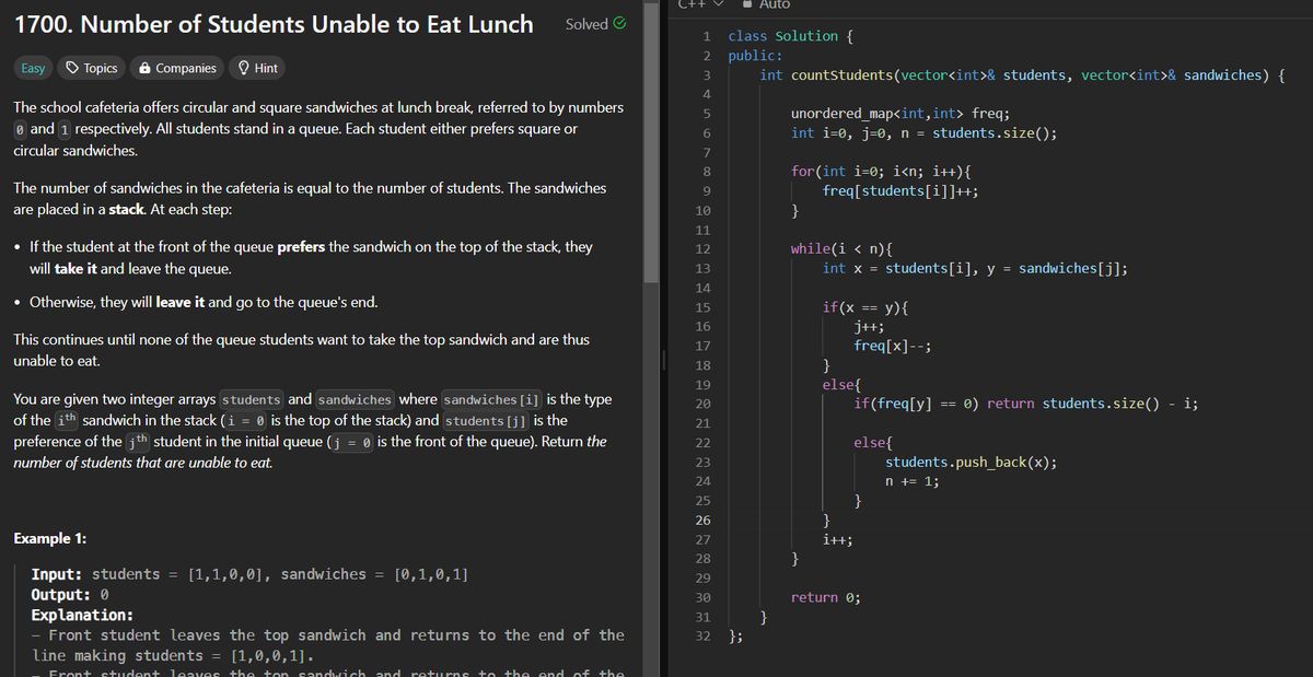 0sagarsingh01's tweet image. #Day60 #dailyChallenge #ProblemSolving
Today's #potd #leetcode #solutions
"1700. Number of Students Unable to Eat Lunch"