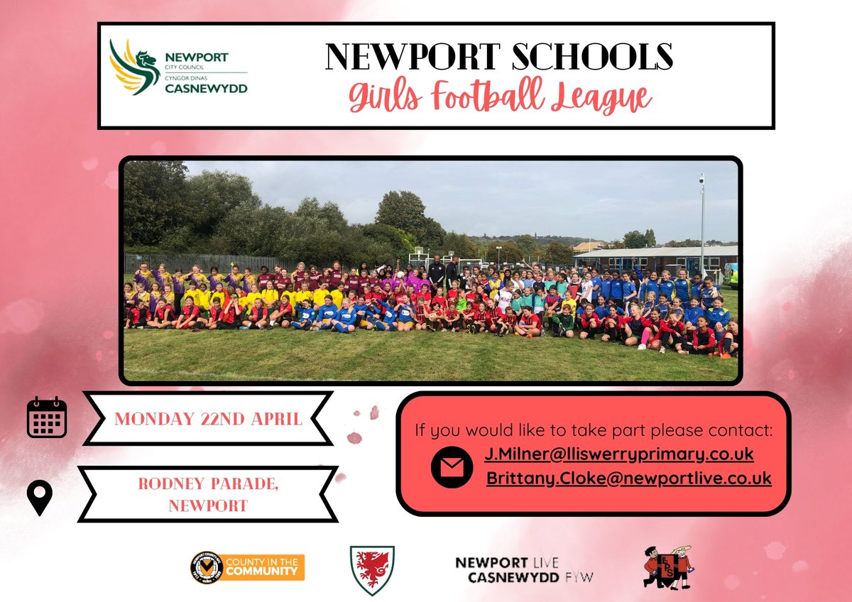 Don't forget to sign up to the Newport Schools Girls Football League supported by ourselves,  @CountyCommunity , @FAWales and @NewportLiveUK . All information regarding how to sign up can be seen in the poster below! Come and join the fun!