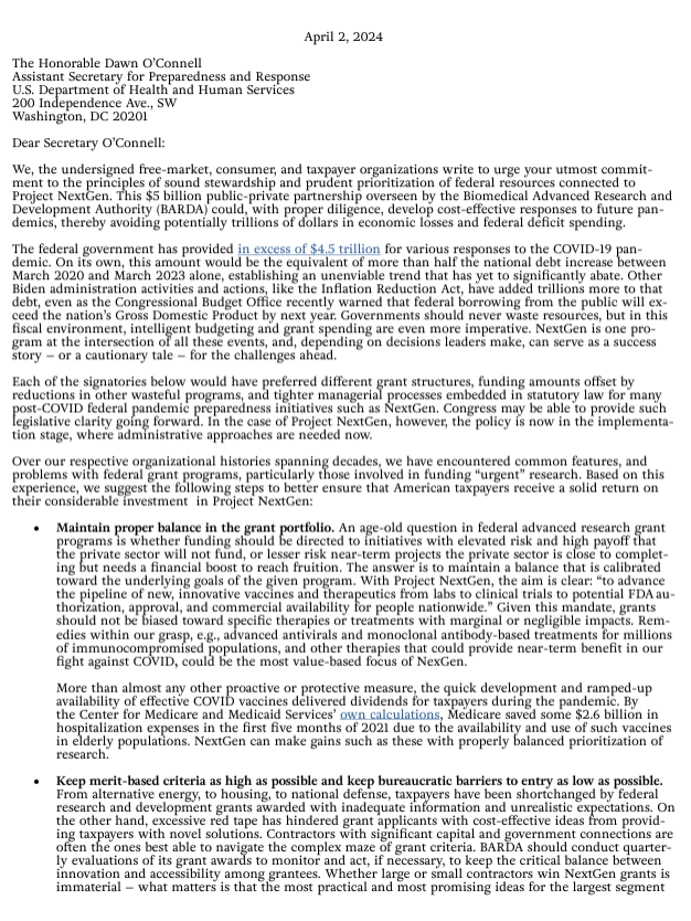 NTU led a coalition urging @HHSGov to commit to the principles of sound stewardship and prudent prioritization of federal resources connected to Project NextGen.@consumerpal @MNThinkTank @PioneerBoston ntu.org/publications/d…