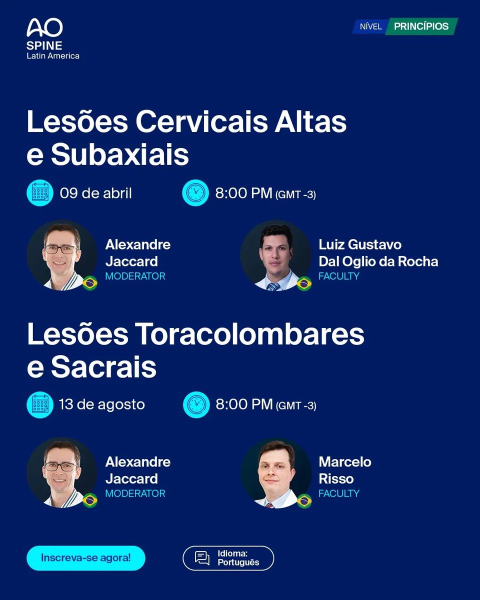 Em parceria com a SBC, temos o prazer de apresentar 2 webinars gratuitos sobre a classificação AO Spine das lesões da coluna. Lesões Cervicais Altas e Subaxiais 🗓 9 de abril ➡ brnw.ch/websbc2404x Lesões Toracolombares e Sacrais 🗓 13 de agosto ➡ brnw.ch/websbc2408x