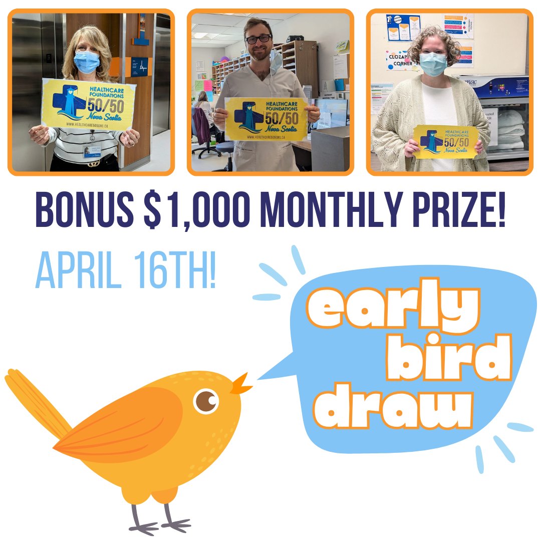 🅸🅲🆈🅼🅸: We've added an Early Bird Bonus 🐦 to our monthly draws! The first draw for $1,000 will be for those who purchase their tickets by April 15th at midnight! 🎟: rafflebox.ca/raffle/nshf ✅ The JACKPOT draw will still be held on May 7 #NovaScotia #ns #healthcare #jackpot