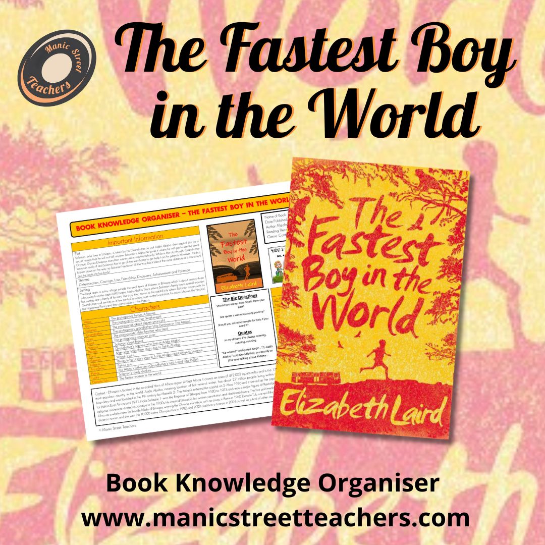 NEW:🏃‍♂️THE FASTEST BOY IN THE WORLD🏃‍♂️ We now have a book knowledge organiser & set of chapter quizzes by @Jamie61116 for this great novel. ✅Chapter quick quizzes ✅EAL/SEN support ✅Vocab ✅Background knowledge Search for your class text: manicstreetteachers.com/book-knowledge…