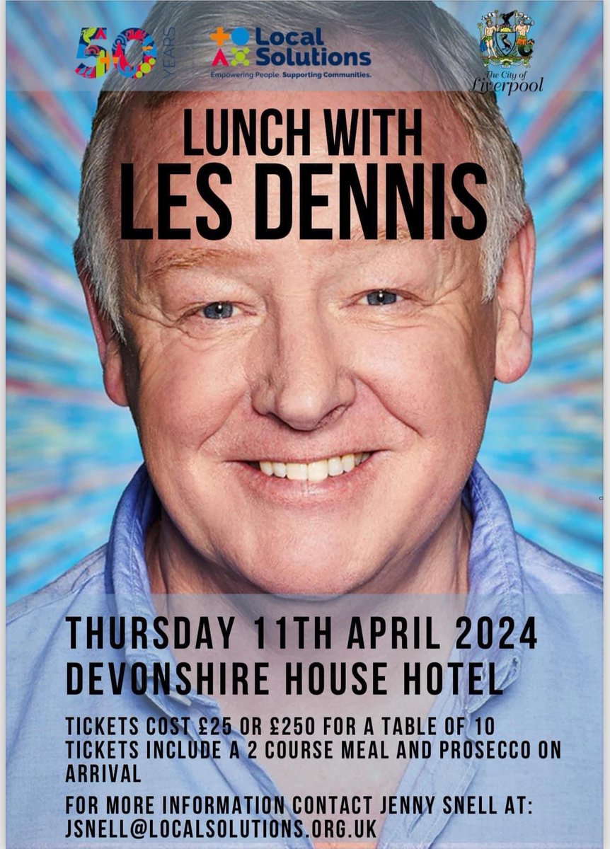 So looking forward to this Thursday lunchtime with a great list of guests on my table. There are still some tickets left for Lunch with Les Dennis. Come join us and help raise funds for Liverpool’s Lord Mayor Cllr Mary Rasmussen. Book via JSnell@localsolutions.org.uk ❤️