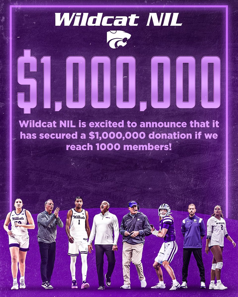 BIG news, K-State Family! When we hit 1,000 members (currently just above 750 members), Wildcat NIL with unlock a $1,000,000 donation!! Sign up today at catsnil.com/fan-membership… or via the link in our bio! Please share this post, so we can spread the message and unlock this…