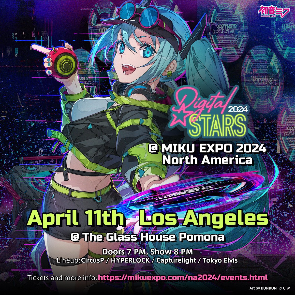 ⁡Digital Stars @ MIKU EXPO 2024 North America🪩✨ Enjoy a cross-genre club event with artists from inside and outside of the Miku community! [DATE] - April 11th Los Angeles @ The Glass House Pomona Ticket: x.gd/b76WJ #DigitalStars #DigitalStars2024 #MIKUEXPO2024