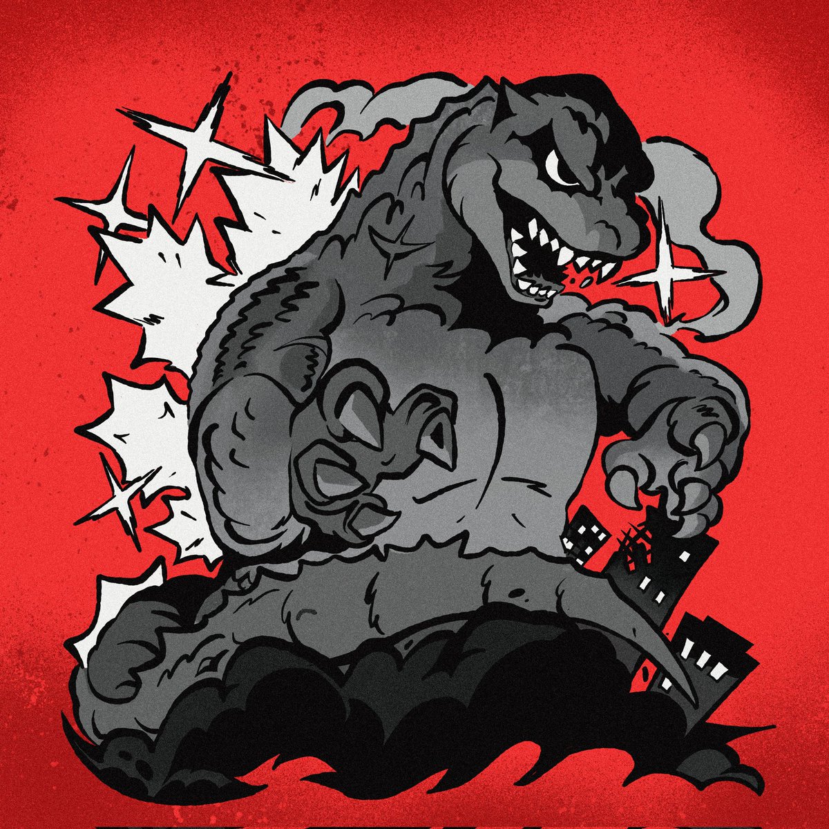 godzilla solo open mouth standing tail full body monochrome teeth  illustration images
