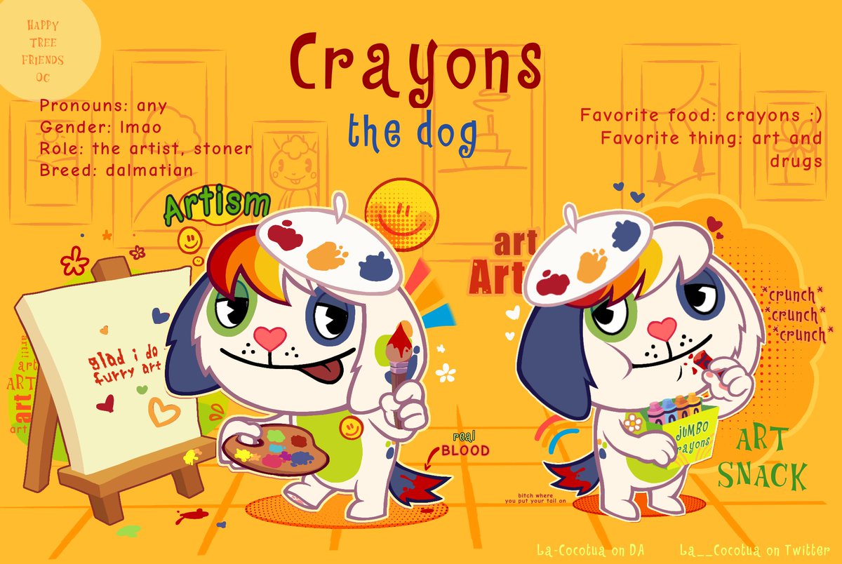 My Happy Tree Friends oc Crayons got a new design, tbh i think she now can fit in the show more properly
Anyways, glad i do furry art
-
#happytreefriends #htfoc #originalcharacter