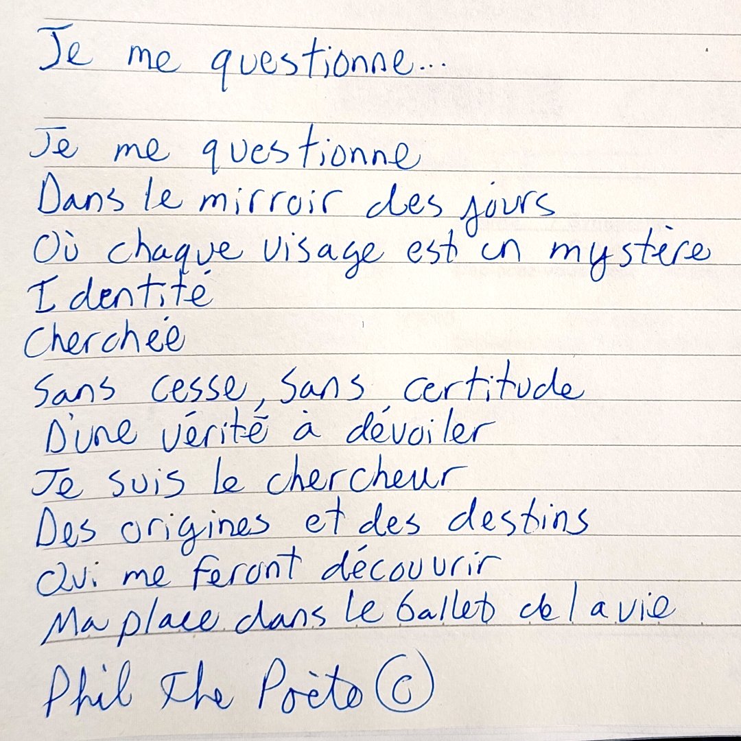 Je partage avec vous mon futur poème 
en version manuscrit en exclusivité...
 
Titre  : Je me questionne...

Phil The Poète ©

 #philthepoete 

#poemedujour

#ecriture  #poeme #poesie   #poesiefrancais #poésie  #Ecriturenumérique #webpoesie