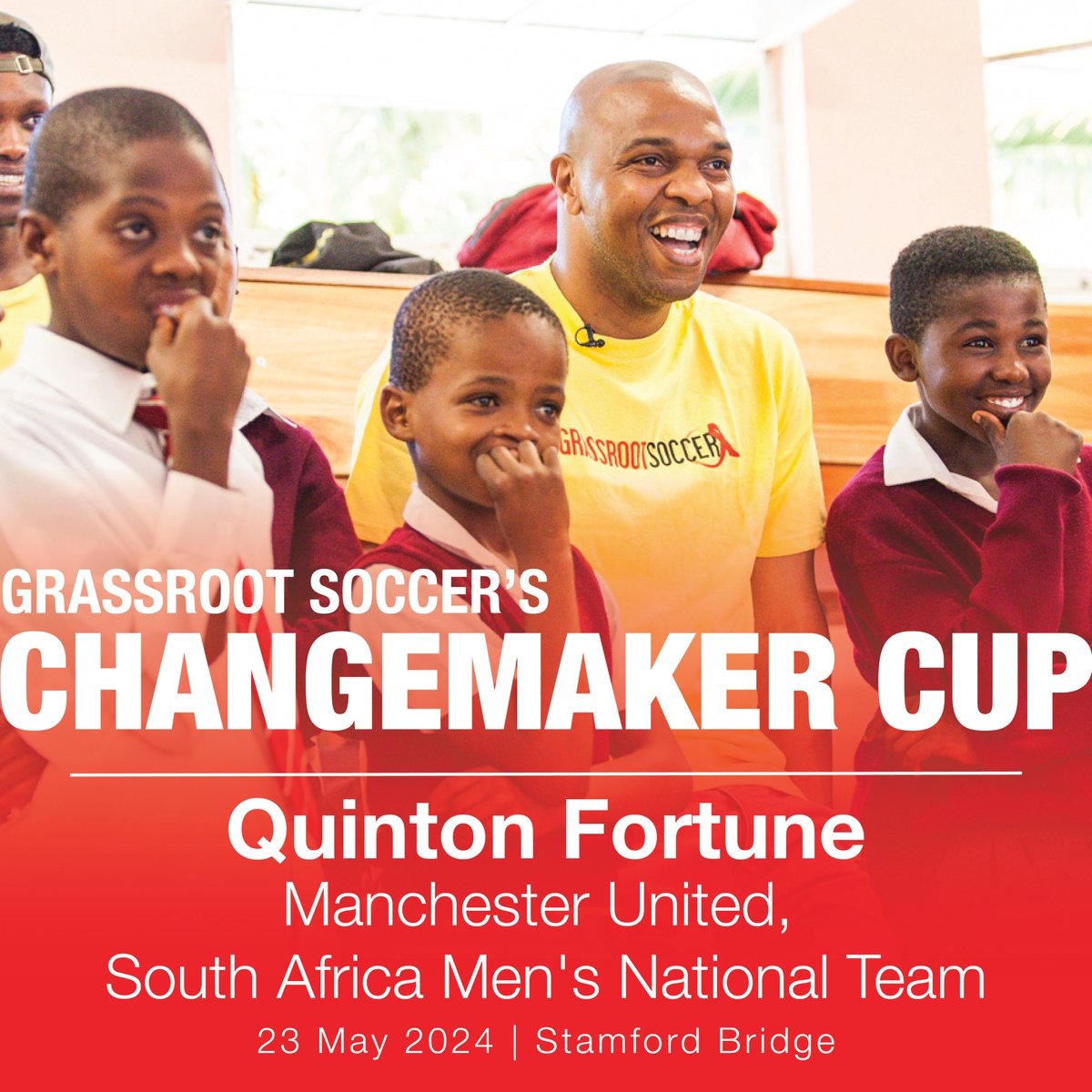 We're thrilled to announce that former @ManUtd and @BafanaBafana player @quintonfortune will be joining us at Stamford Bridge on May 23 for the 2024 Grassroot Soccer Changemaker Cup! Learn more about the Cup and how to get involved here: ww1.emma-live.com/changemakercup…