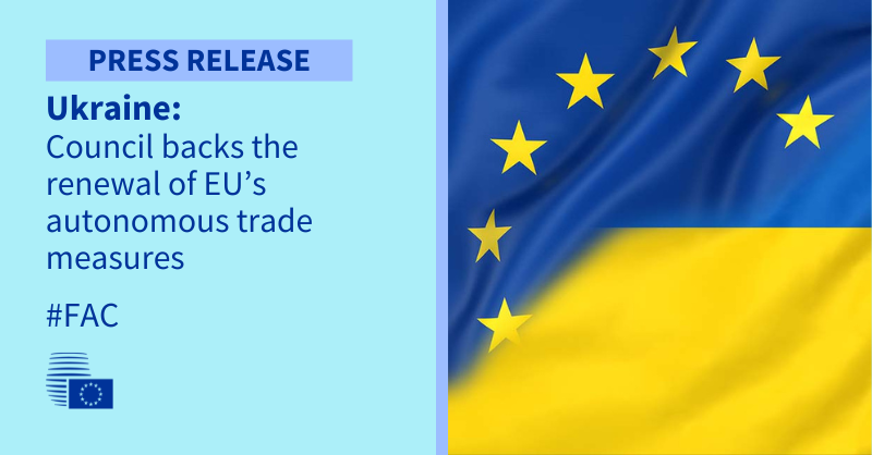 🇪🇺 @EUCouncil backs the renewal of autonomous trade measures to help 🇺🇦 Ukraine, including: ✅ suspension of import duties and quotas until 5 June 2025 ✅ reinforced protection of EU sensitive agricultural products More information: europa.eu/!q4mV9t