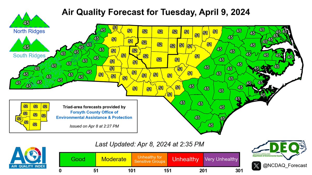 Here is the latest NC Air Quality Forecast for Tuesday, 4/9/2024 #ncwx #airquality #AQI For our discussion & KML files: airquality.climate.ncsu.edu/discussion/?is…