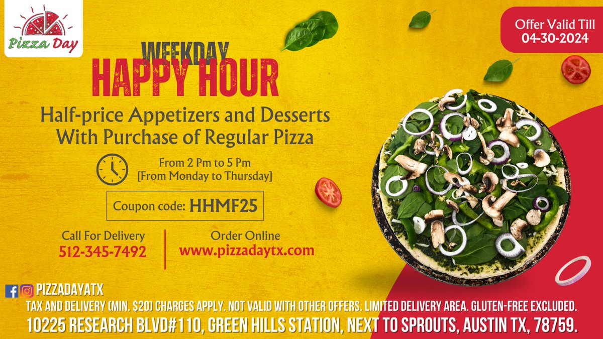 PizzaDayTx's tweet photo. Weekday Happy Hour at @PizzaDayATX!
Call to order: 512-345-7492
Order Online: https://t.co/AlE31IYFWp
#pizzadaytx #happyhour #austinfood #weekdays #monday #keepaustineatin #pizza #pizzaparty #texas #pizzagoals #pizzaoftheday #pizzaoven #pizzaoffers #cheesepizza #foodblogger https://t.co/OjCUXlaFSY