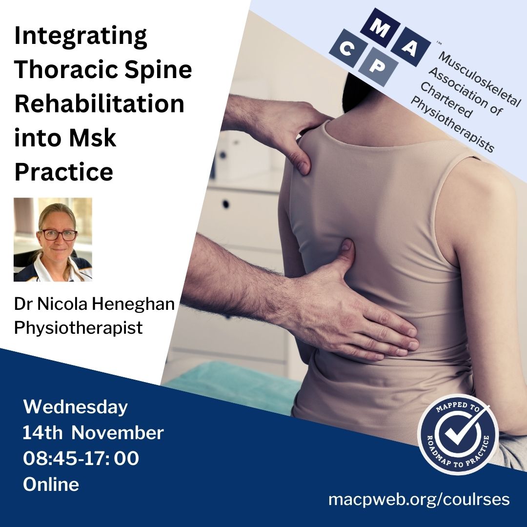 PhysioMACP's tweet photo. This sell-out course is back!

Develop your assessment and management of the thoracic spine with expert tutor @HeneghanNicola on this fantastic online course.

Secure your place. Book here now 👇
https://t.co/i5HdDpXFQj https://t.co/95ci1iFiKH