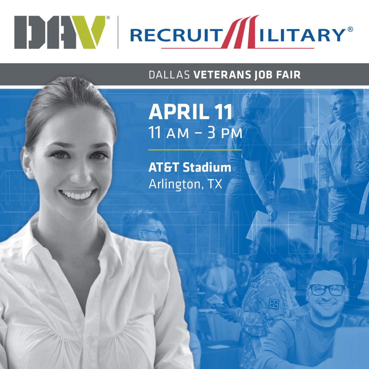 On Thursday, April 11, at 11 a.m. (Central), DAV and @RecruitMilitary will host an in-person job fair for transitioning service members, veterans, members of the National Guard, Reserves and military spouses in the Dallas area. Register now: dav.la/3p9.