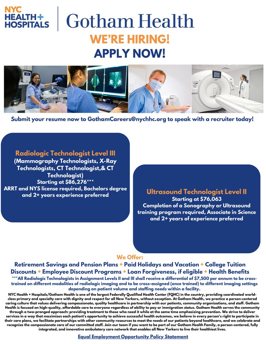 We are #HIRING! Gotham Health is hiring Radiology & Ultrasound technologists! To apply, please send resumes to GothamCareers@nychhc.org