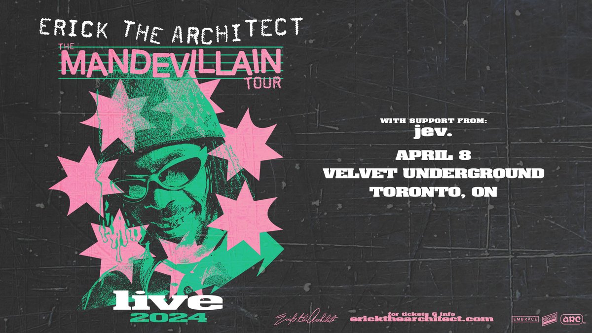 TONIGHT: Flatbush Zombies' member Erick the Architect hits up Velvet Underground. Last-minute tickets are available online and at the door. Set times below: 7pm - Doors 8pm - jev. 9pm - Erick the Architect **All set times are subject to change. 🎟️ tinyurl.com/yckxrp6r