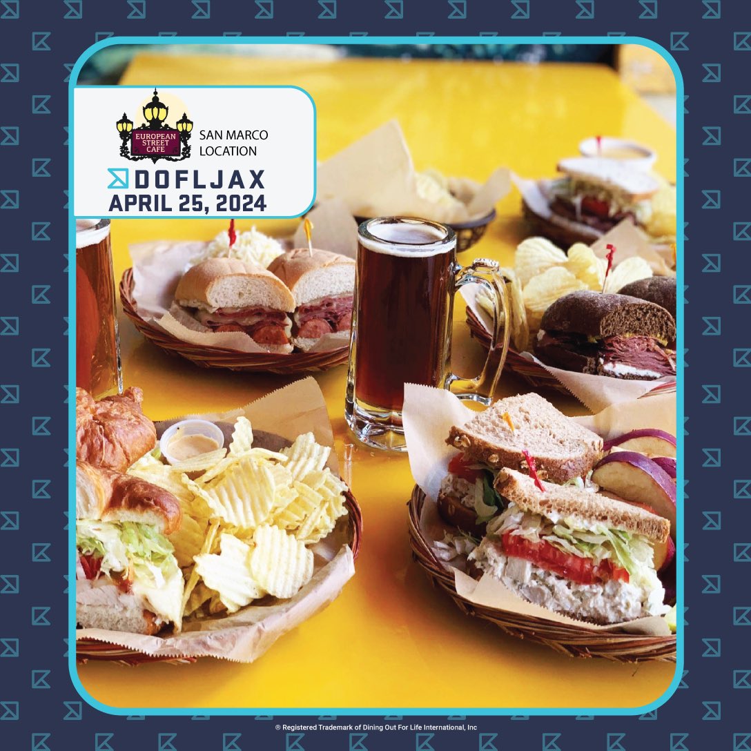 Dining Out For Life® Jax | Thurs, Apr 25, 2024 | Restaurant Partner <a href="/estreetcafe/">European Street Cafe</a> San Marco | Donating 25% (alcohol sales included) to NFAN Mary H. Lewis Food. Thank you for your continued support. 🩵🍽 diningoutforlife.com | nfanjax.org/DOFLJax | Please share ☺️ #nfan_jax