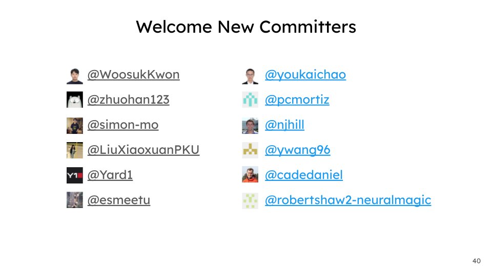 We are doubling our committer base for vLLM to ensure it is best-in-class and a truly community effort. This is just a start. Let's welcome @KaichaoYou, @pcmoritz, @nickhill33, @rogerw0108, @cdnamz, @robertshaw21 as committers and thank you for your great work! 👏