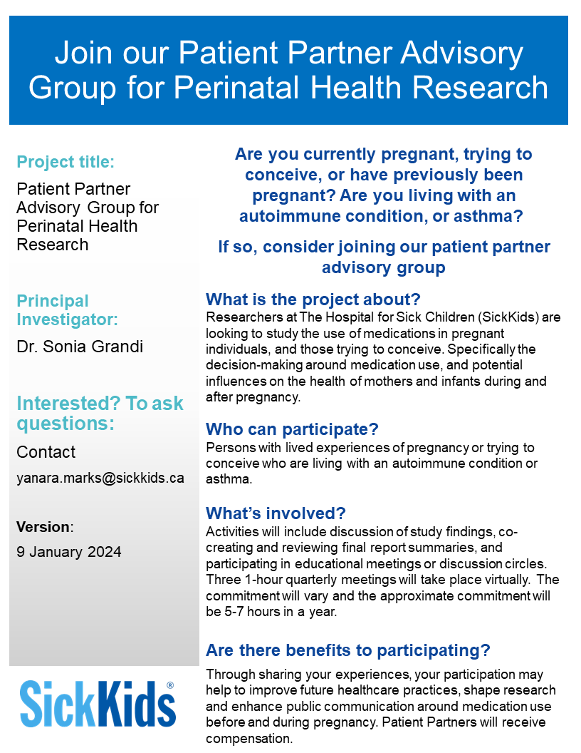 Have you been pregnant, are currently pregnant, or are trying to conceive while living with an #autoimmune condition or #asthma? #SKResearch is looking for participants to collaborate on a study about medication use in pregnancy. Contact ➡️ yanara.marks@sickkids.ca