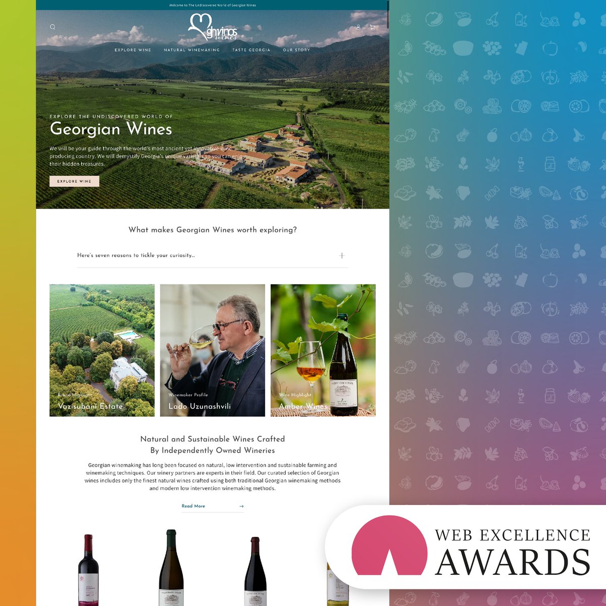 Excited to announce that we won a 2023 Web Excellence Award for website design in the beer, wine, and spirits category for Ghvinos, a Georgian wine importer. Guess we've got Georgia on our minds (and in our code)! Check it out: bit.ly/3vrbjdj