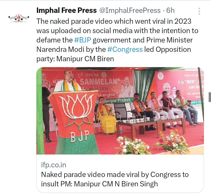 In order to save his tantrums, the CM Biren's blatantly accused the opposition for his footsteps. 
The peoples of the State will decide &amp; rejected BJP Govt. By not voting them to comeback or else this can happen anytime with anyone in the future again.

#ManipurViolence