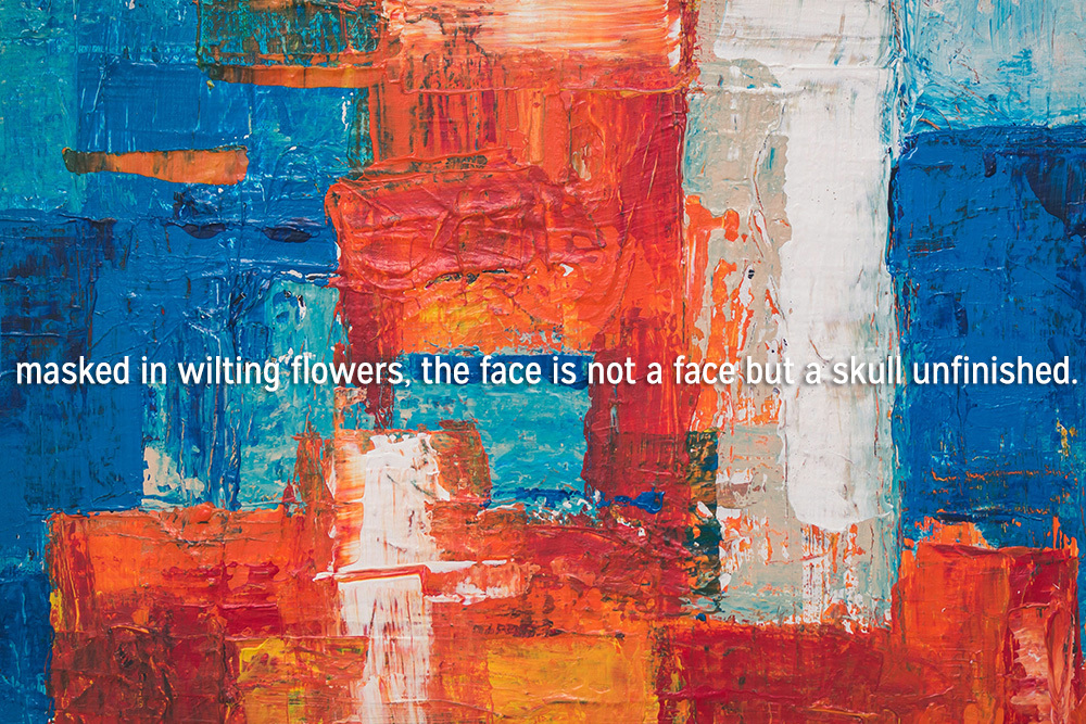 today's #poem is from Ela K, 'where time dips & meets horizon' 'masked in wilting flowers, the face is not a face but a skull unfinished' palettepoetry.com/2024/04/08/whe…