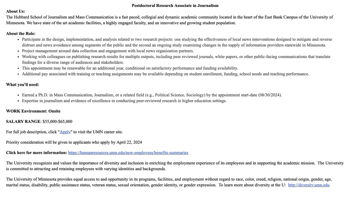 🚨Some late breaking academic job market news: I am hiring a postdoc @UMN_HSJMC to work on projects studying effectiveness of newsroom strategies around building trust and engaging with news avoiders. Feel free to reach out with questions! hr.myu.umn.edu/jobs/ext/360555