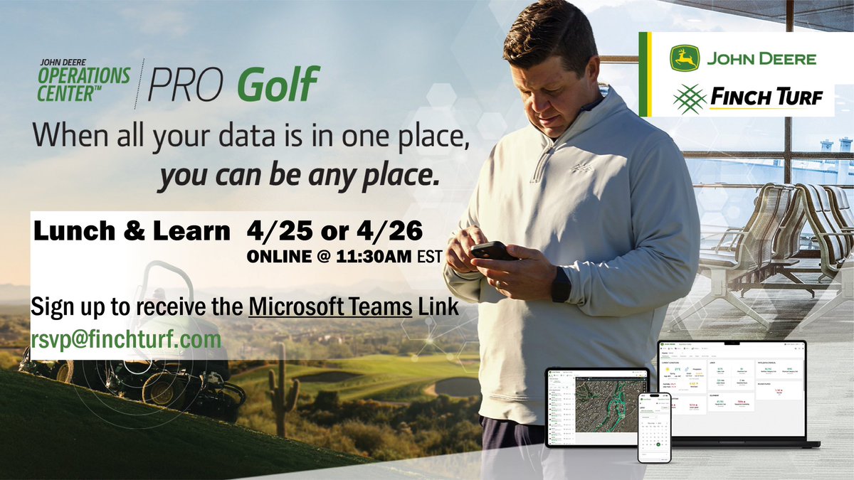 Grab your lunch and join us for a free online demo of the @JohnDeere Operations Center #PROGolf platform! Find out what the buzz is about! #levelup with #datadrivendecisions Email rsvp@finchturf.com to get the link! 🌱⛳️🛠️🚜📊📲