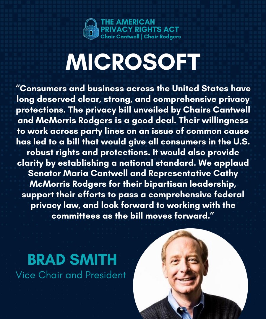 🚨NEW: @Microsoft's @BradSmi throws strong support behind Chair @SenatorCantwell's and Chair @CathyMcMorris's bipartisan American Privacy Rights Act that gives Americans new privacy rights and protections.⬇️