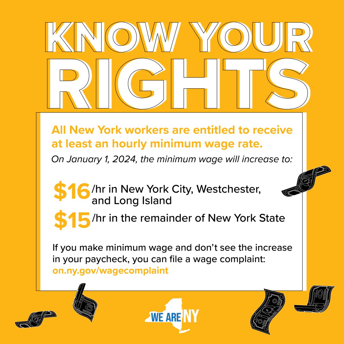 Reminder: New York State's minimum wage has increased since 2023! If you are not getting paid NYS's new minimum wage, call 1-888-4-NYSDOL. Learn more: dol.ny.gov/minimum-wage-0