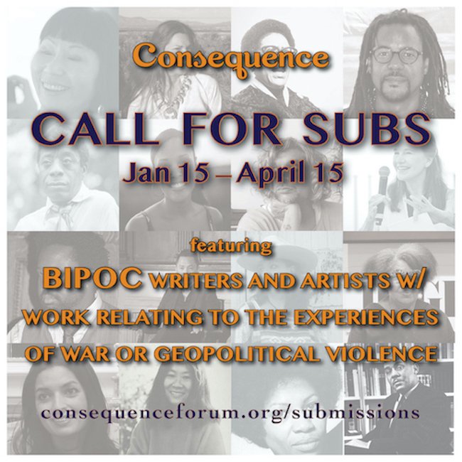 🤩There is still time to get your submission in ‼ We are thrilled to announce Vol. 16.2, which will showcase the incredible work of BIPOC writers and artists exploring the profound impact of war and geopolitical conflict. Visit➡ consequenceforum.org/submissions