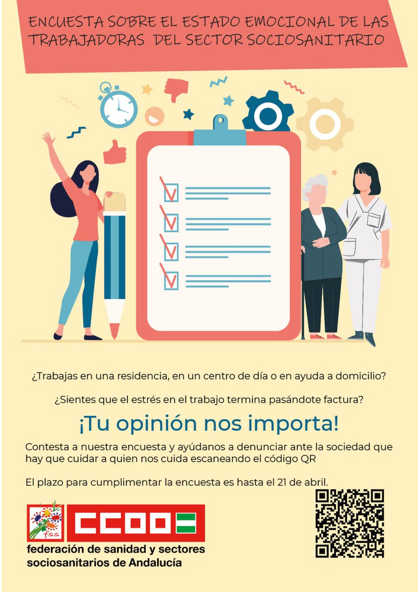 📝 ¿Aún no has rellenado nuestra encuesta para conocer el estado emocional de las trabajadoras y trabajadores del sector sociosanitario?

‼️ Solo te llevará un momento y nos ayudas a seguir mejorando tus condiciones

#CCOOTuSolución

docs.google.com/forms/d/1sDIBF…