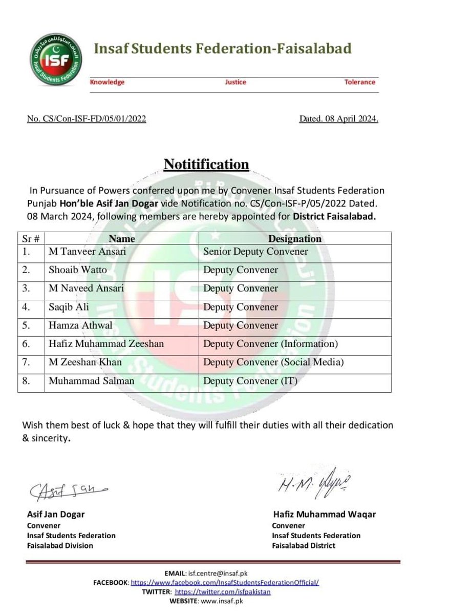 Congratulations newly appointed office bearers of Insaf Students Federation Faisalabad
#MandateBelongsToKAPTAN #ISF #اب_غلامی_نامنظور 
@ISFPakistan @OmarAyubKhan @FarhatAbbas_PTI @AdvHaiderMajeed