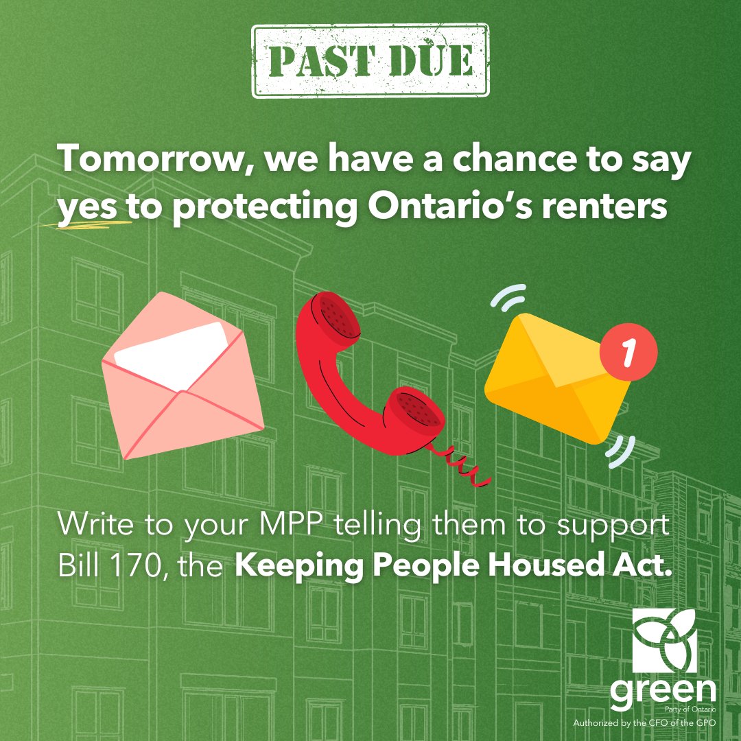 Tomorrow, we can say ✨yes✨ to protecting tenants when Ontario Greens' Deputy Leader @AislinnClancyKC's Bill 170 – the Keeping People Housed Act – is debated in the Ontario legislature. If you support renoviction protections, rent control and measures to protect our affordable