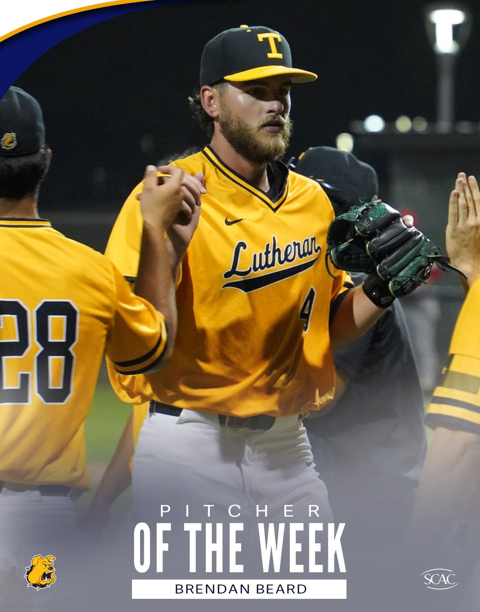 ⚾️Week 9 | Pitcher of the Week goes to Brendan Beard of @tluathletics after going 10 innings, allowing 1 run, striking out 9 batters and ending with a pitch count of 125. 📰| tinyurl.com/bdf5pehz #SCACPride #d3baseball #DIII50 #SCACBsb