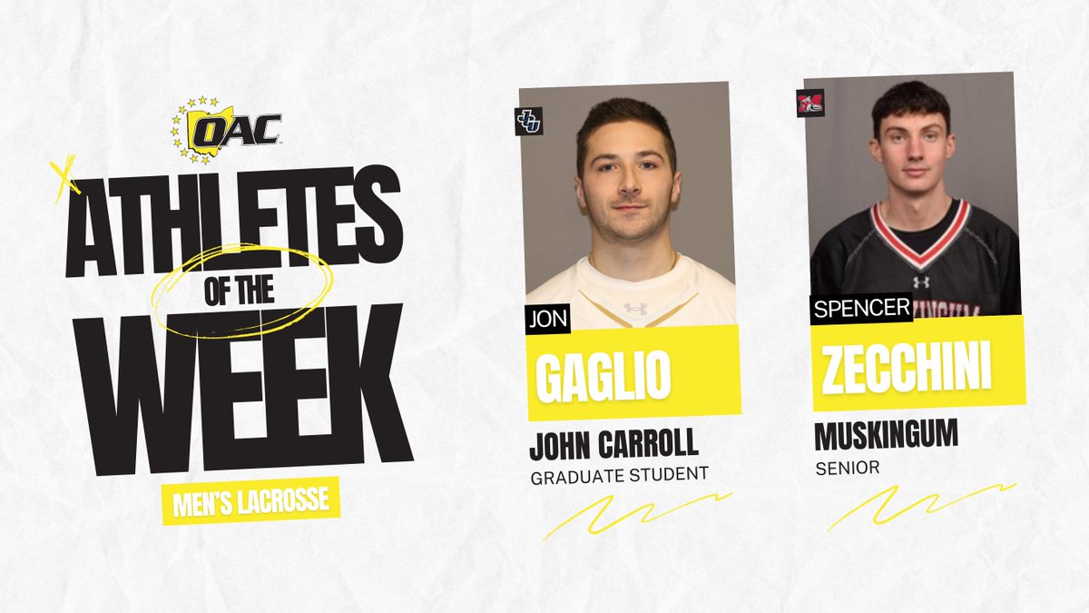Athletes of the Week | Men's Lacrosse

Jon Gaglio, <a href="/jcusports/">John Carroll Sports</a>
Spencer Zecchini, <a href="/fightingmuskies/">Muskingum Athletics</a>

#OAC #OACLacrosse🥍