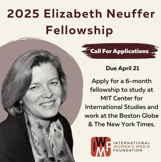 <a href="/IWMF/">International Women's Media Foundation</a> a lancé un appel à candidatures pour la bourse 2025 Elizabeth Neuffer.

La bourse offre une opportunité académiques &amp; professionnelle aux femmes journalistes travaillant sur les questions liées aux droits de l'homme.

Délai : 21/04. + en anglais👇: 

buff.ly/3V4Ma2t
