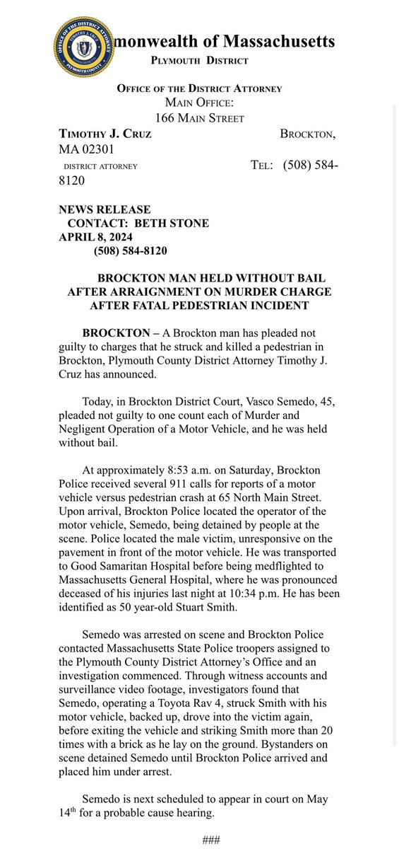 Brockton Man Held Without Bail After Arraignment On Murder Charge After Fatal Pedestrian Incident