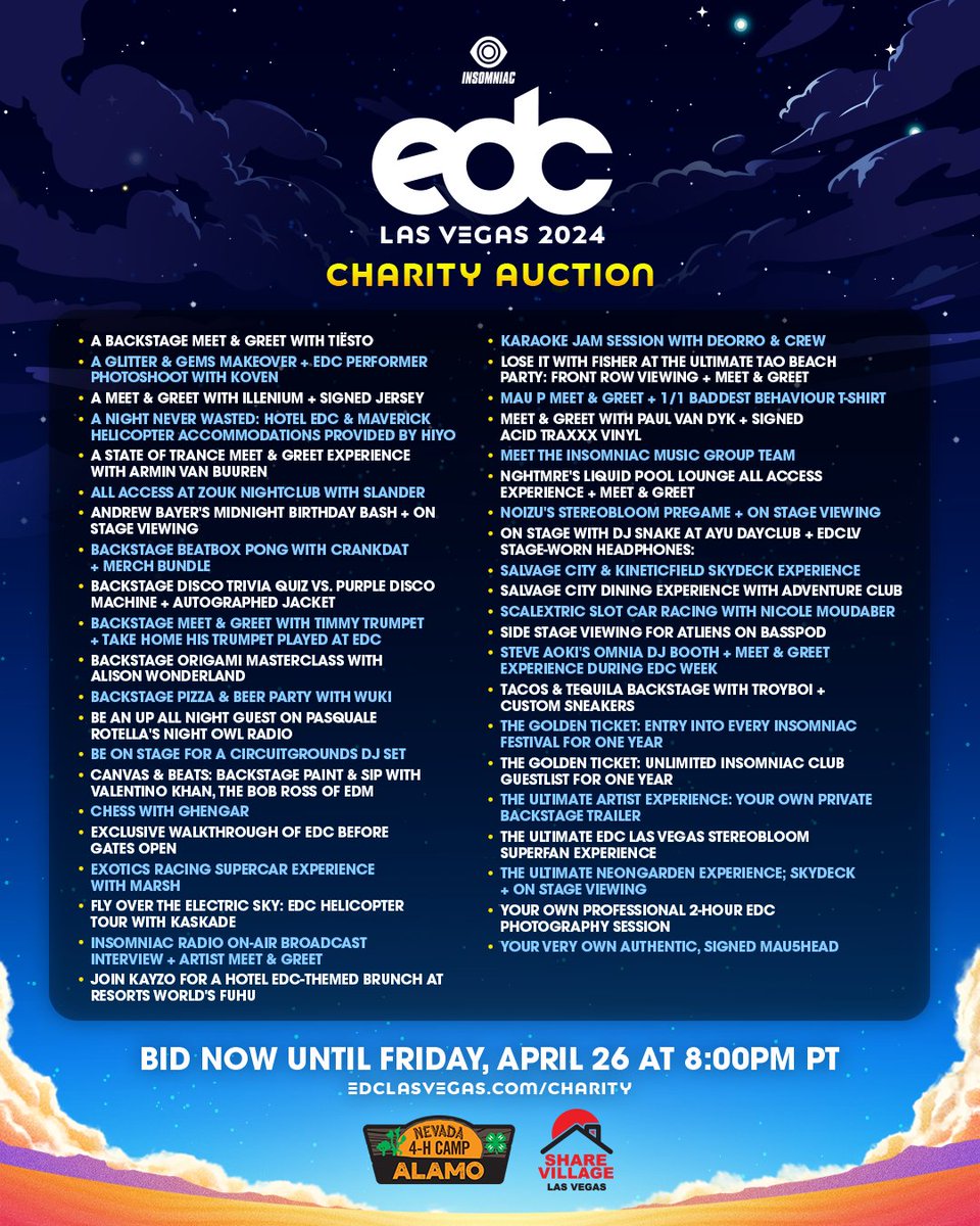 Bidding is now OPEN for #EDCCharity!🩷🌼 → edclasvegas.com/charity Dozens of once-in-a-lifetime experiences await! ⚡️All proceeds go to two of Clark County's amazing nonprofit organizations: Camp Alamo and Share Village! 🫶 #EDCLV2024