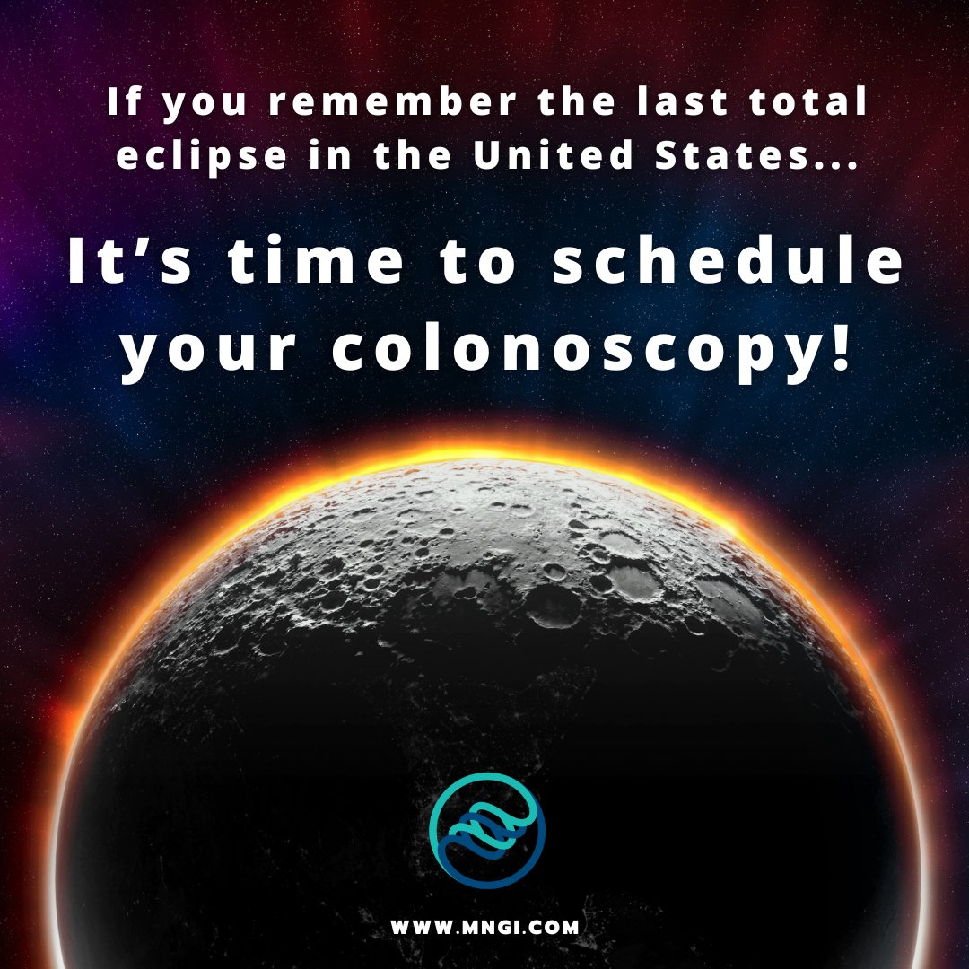 If you remember the last time there was a total eclipse visible from the United States, it's time to schedule your screening colonoscopy! Request your appointment today on our website: mngi.com/your-visit/req…